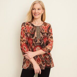 Chico’s Ikat Print Tunic Blouse with Gold Beaded Neckline – Size 2 (L)